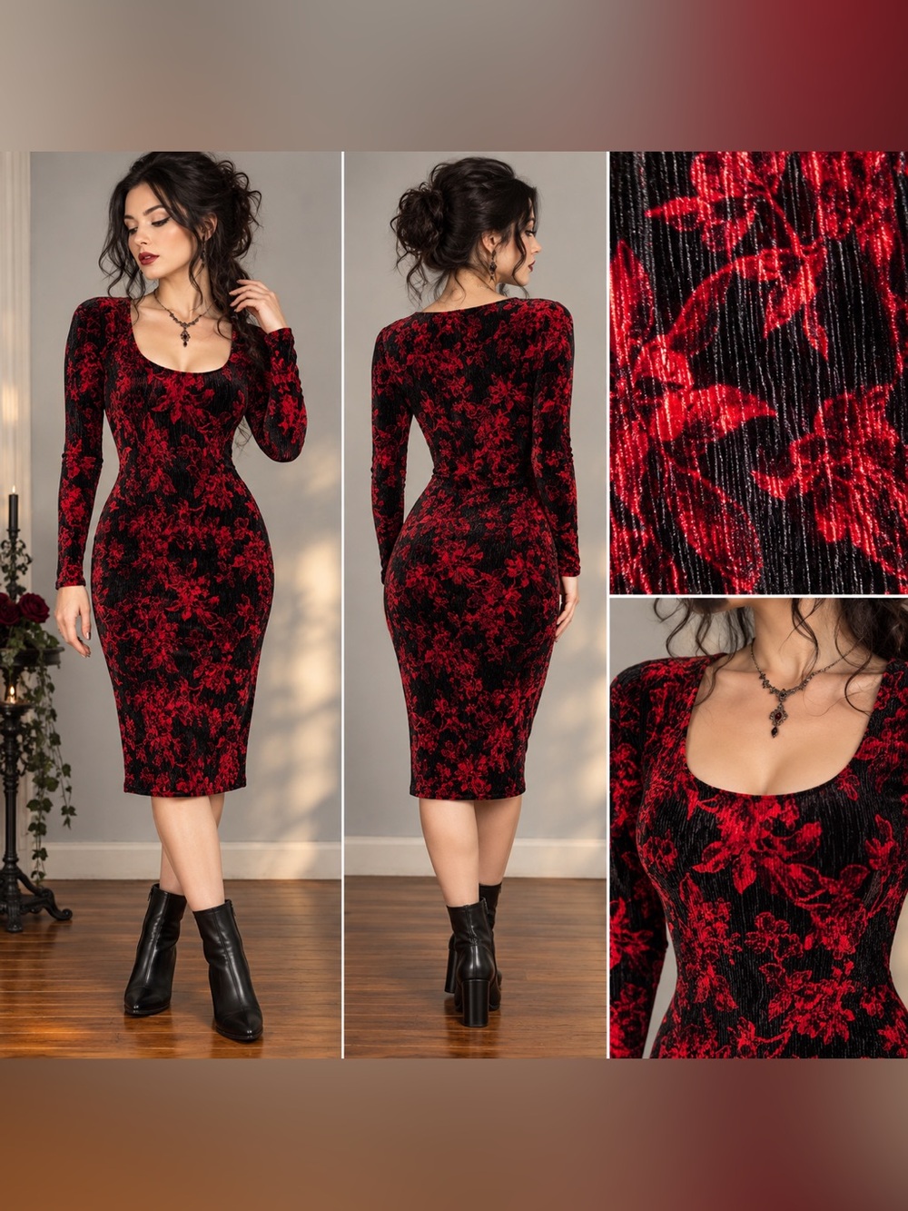 Anthropologie HD in Paris XS Red Black Floral Dress Romantic Goth Velvet Look
